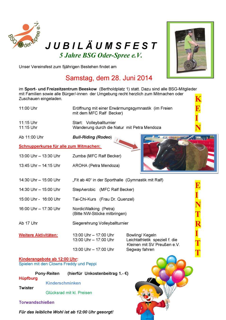 Flyer zum Jubil&auml;umsfest der BSG Oder-Spree e.V. mit Programminformationen und Aktivit&auml;ten am 28. Juni 2014.