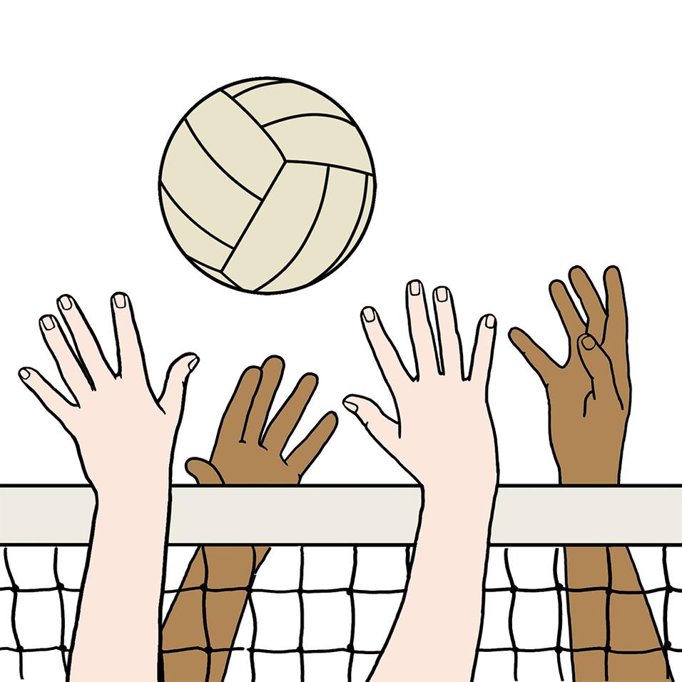 Hände von Spielern heben sich über ein Volleyballnetz, während ein Volleyball darüber schwebt.
