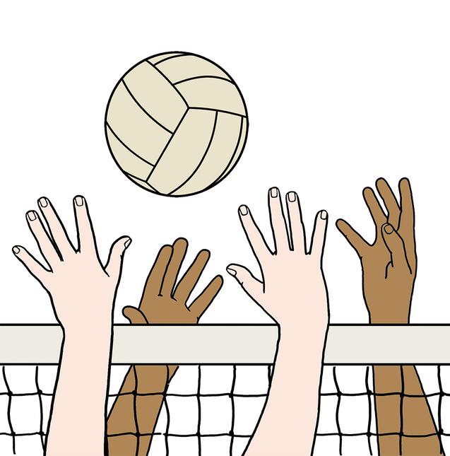 Hände von Spielern heben sich über ein Volleyballnetz, während ein Volleyball darüber schwebt.