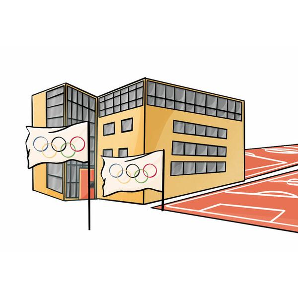 Illustration eines modernen Gebäudes mit Olympiageländen und zwei Fähnchen mit den olympischen Ringen im Vordergrund.
