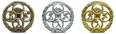 Drei Medaillen des Deutschen Olympischen Sportbundes (DOSB) in Gold, Silber und Bronze, umgeben von sportlichen Symbolen.